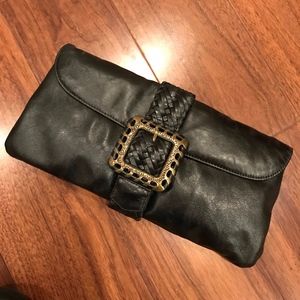 Leather clutch, antique gold buckle, woven strap,